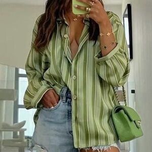 Zara Green Striped Button Down Shirt